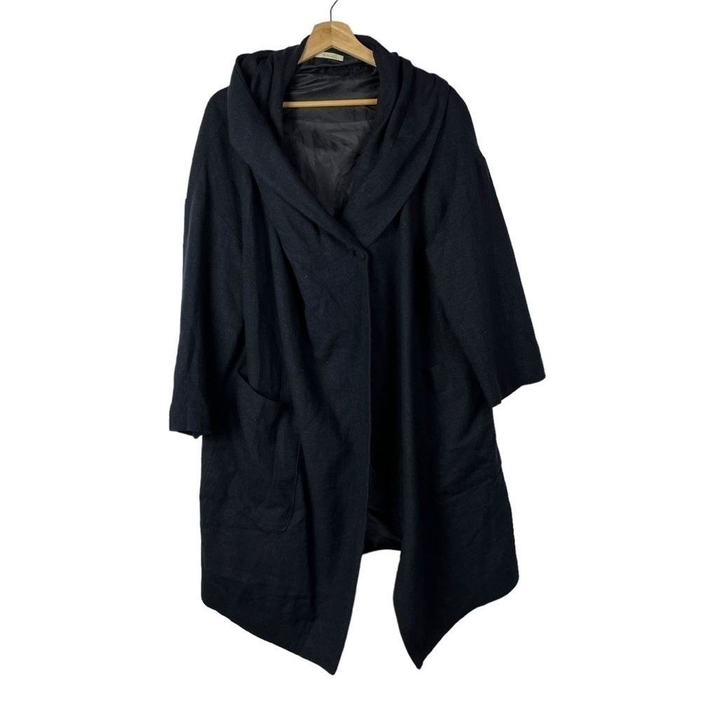 Fog Linen Work Navy Blue Linen Drape Trench Coat M